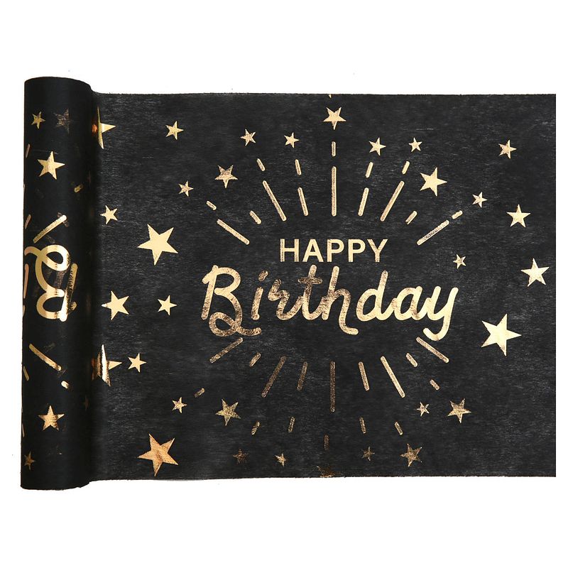 Foto van Tafelloper op rol - 2x - happy birthday tekst - zwart/goud - 30 x 500 cm - polyester - feesttafelkleden