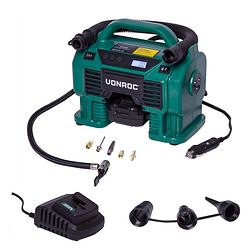 Foto van Vonroc accu compressor vpower 20v accu & 12v aansluiting - incl. accessoires, 2.0ah accu en oplader