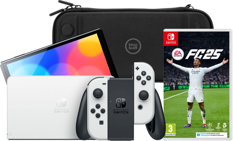 Foto van Nintendo switch oled wit + ea sports fc 25 + bluebuilt beschermhoes