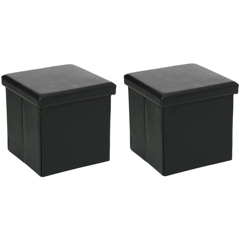 Foto van Atmosphera poef/hocker/voetenbankje - 2x - opbergbox - zwart - pvc/mdf - 38 x 38 cm - poefs