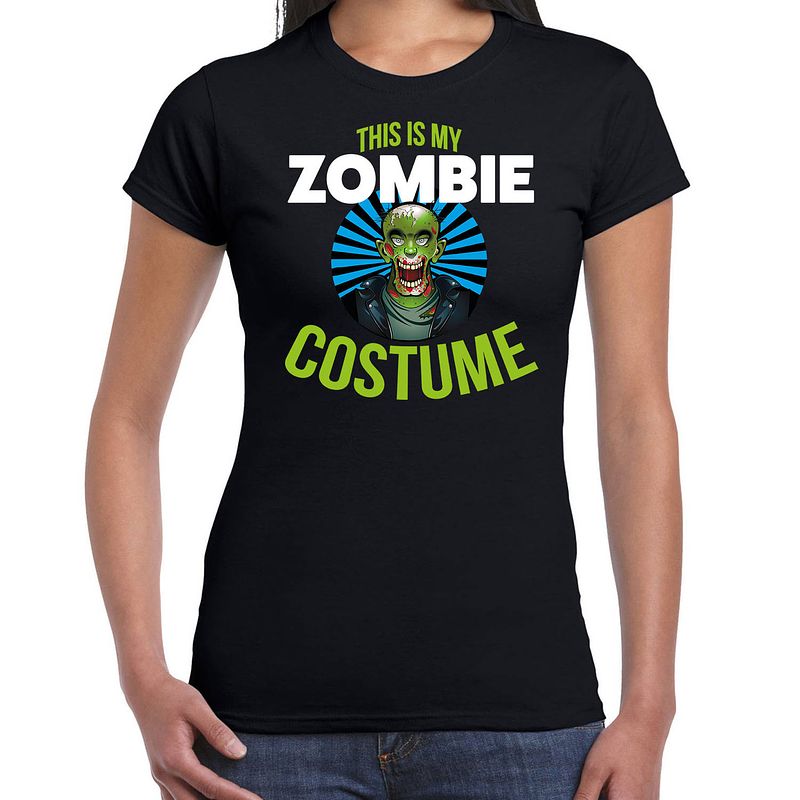 Foto van Zombie costume halloween verkleed t-shirt zwart voor dames l - feestshirts