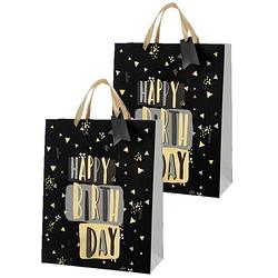 Foto van Set van 4x stuks papieren verjaardag giftbags/cadeau tasjes happy birthday zwart 25 x 32 x 12 cm - cadeautasjes