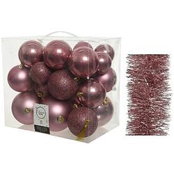 Foto van Kerstversiering kunststof kerstballen 6-8-10 cm met folieslingers pakket oud roze van 28x stuks - kerstbal