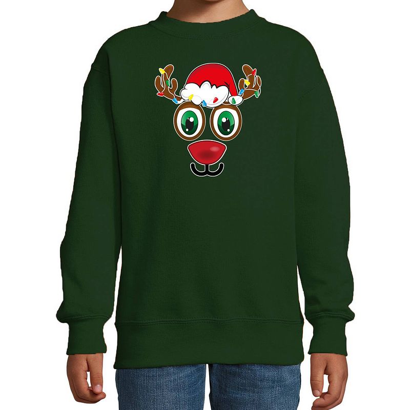 Foto van Bellatio decorations kersttrui/sweater voor kinderen - rudolf gezicht - rendier - groen 5-6 jaar (110/116) - kerst truie