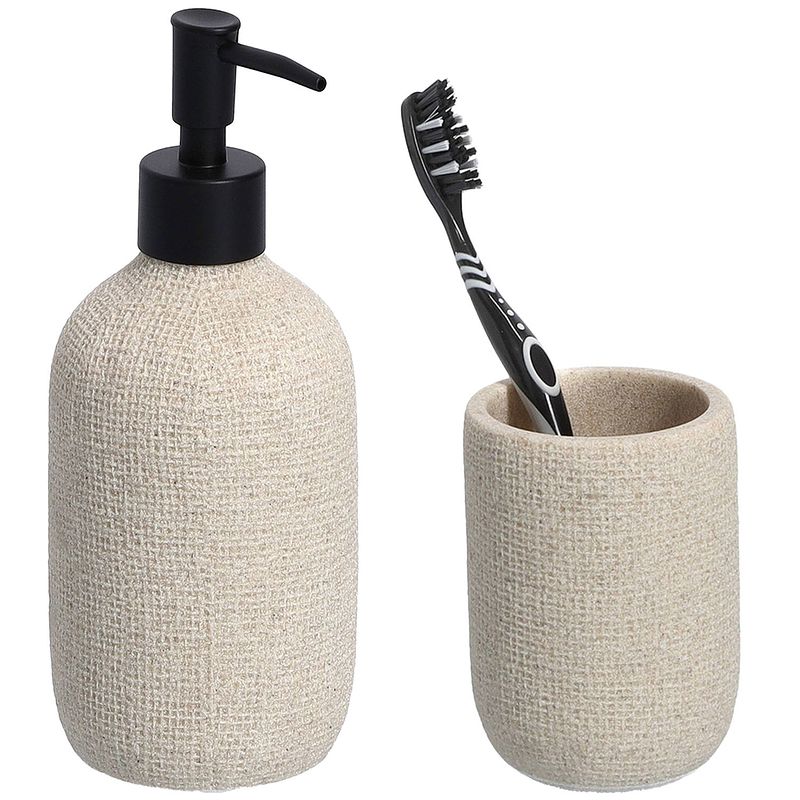 Foto van Badkamer accessoires set - kunststeen - jute look - beige - zeeppompjes