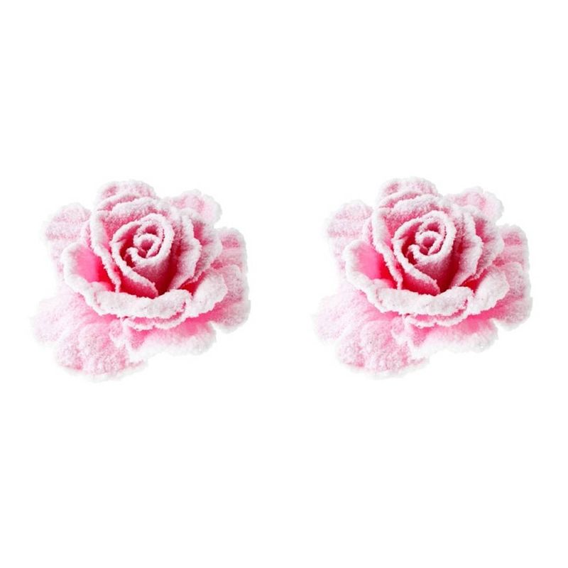 Foto van 2x stuks roze decoratie rozen sneeuw op clip 10 cm - kersthangers