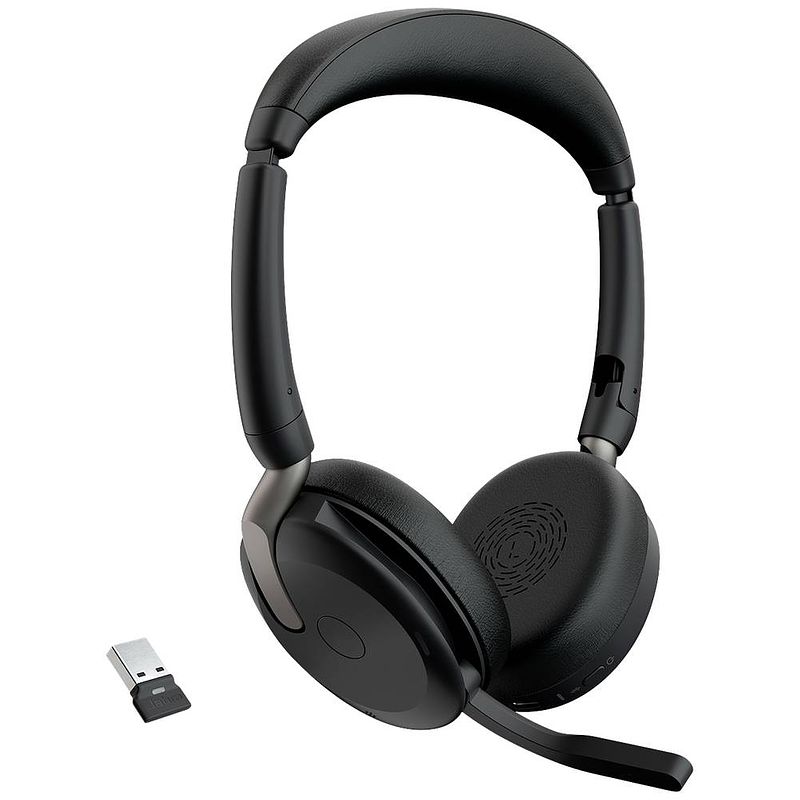 Foto van Jabra evolve2 65 flex link380a uc in ear headset bluetooth computer stereo zwart noise cancelling headset, microfoon uitschakelbaar (mute), volumeregeling,