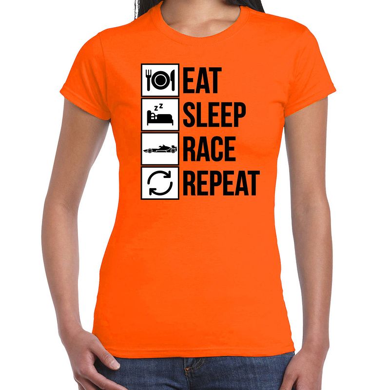 Foto van Eat sleep race repeat supporter / race fan t-shirt oranje voor dames xs - feestshirts