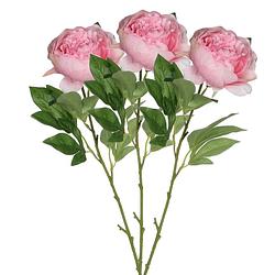 Foto van Mica decorations kunstbloem pioenroos - 3x - roze - 76 cm - polyester - decoratie bloemen - kunstbloemen