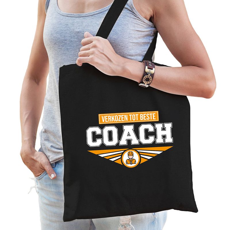 Foto van Verkozen tot beste coach katoenen tas zwart voor dames - cadeau tasjes - feest boodschappentassen