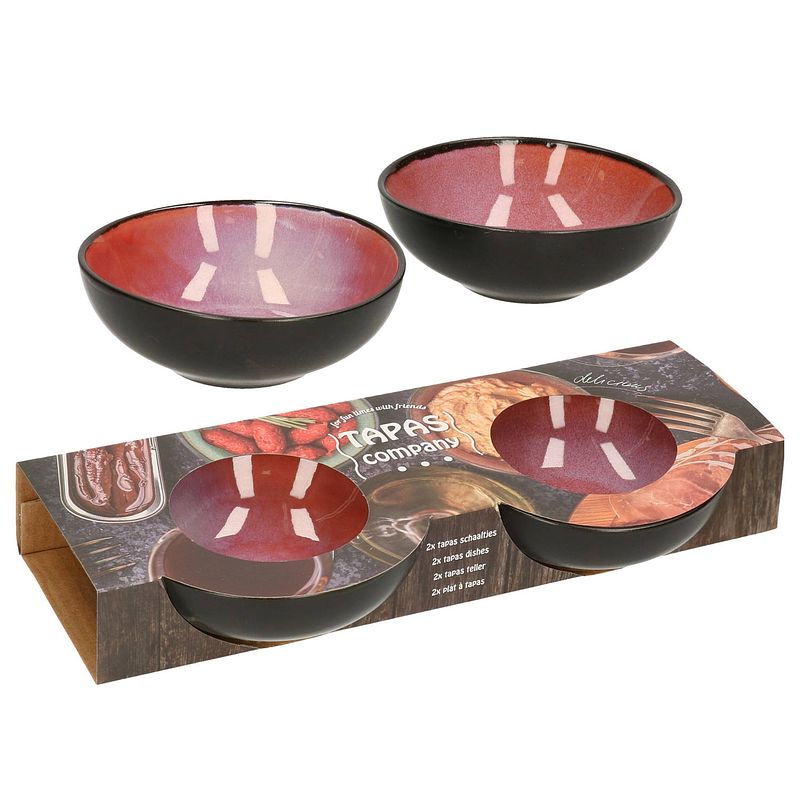 Foto van Tapas schaaltjes - 2x - zwart/roze - aardewerk - 12 x 4 cm - snack en tapasschalen