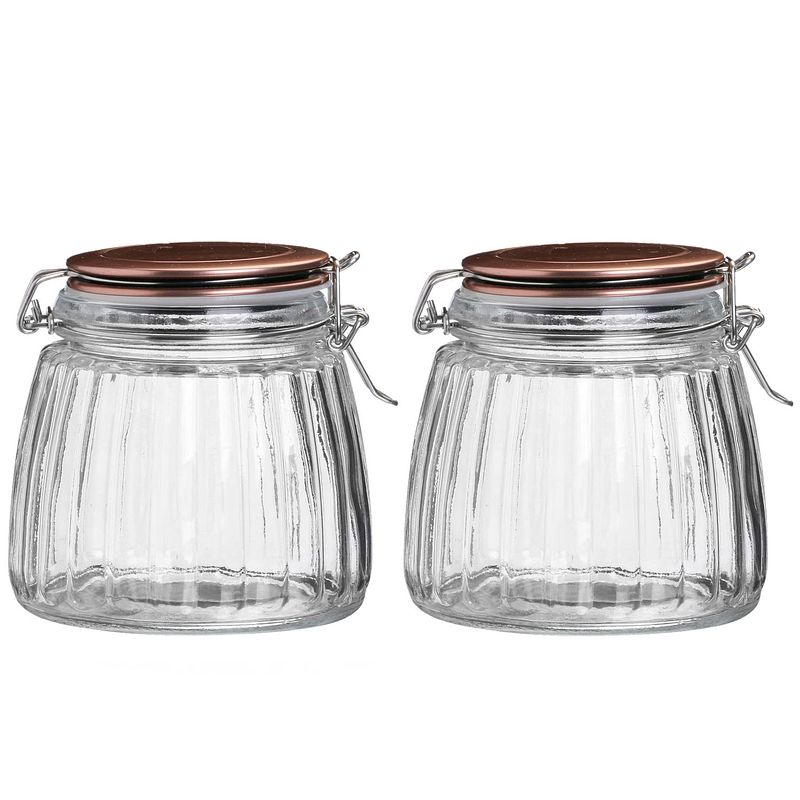 Foto van Urban living weckpot/inmaakpot - 2x - 1l - glas - met beugelsluiting - koperen deksel - weckpotten