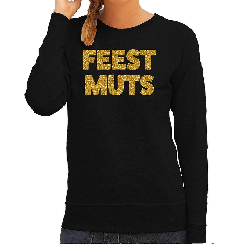 Foto van Bellatio decorations foute kersttrui/sweater dames - feest muts - zwart - glitter goud -feestkleding l - kerst truien