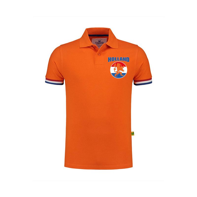 Foto van Holland fan polo t-shirt oranje luxe kwaliteit met vlagcirkel en leeuw - 200 grams katoen - heren xl - feestshirts