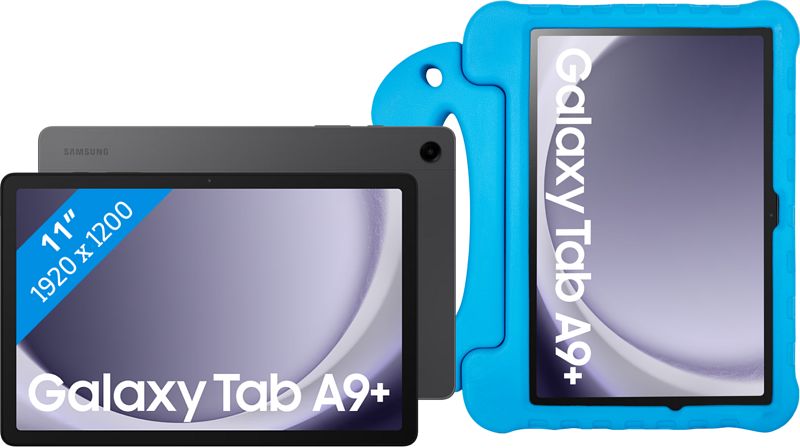 Foto van Samsung galaxy tab a9 plus 11 inch 64gb wifi en 5g grijs + bluebuilt kids cover blauw