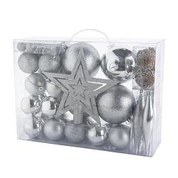 Foto van Pakket met 53x stuks kunststof kerstballen en kerstornamenten met ster piek zilver - kerstbal