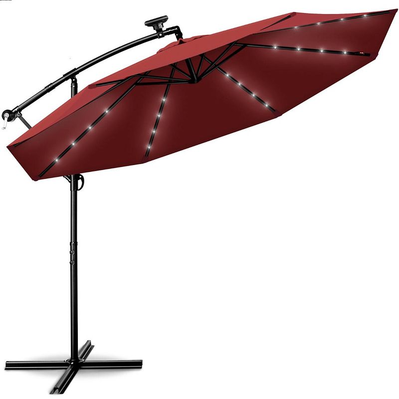 Foto van Tillvex - parasol led solar ø 3m, rood vrijdragende parasol balkon tuinparasol slinger aluminium