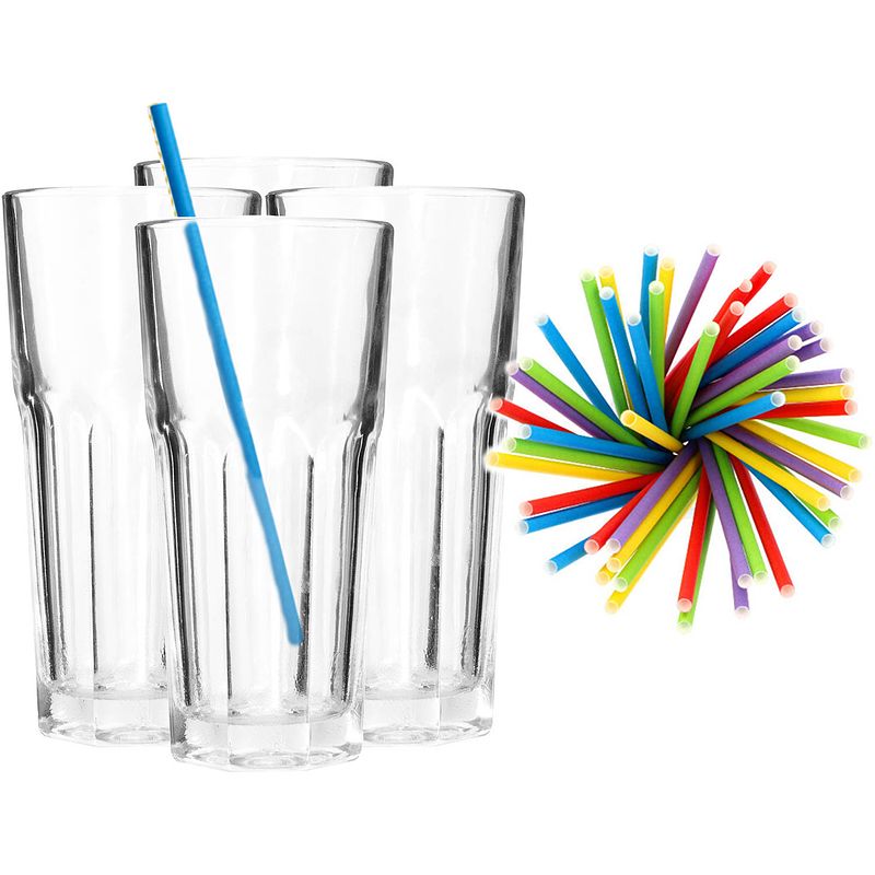 Foto van Set van 4x longdrink glazen en 100x duurzame papieren rietjes - 280 ml - longdrinkglazen