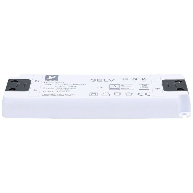 Foto van Paulmann 79971 power supply flat 24v dc 100va ip20 led-constante-spanningsbron 100 w (max) 4.16 a 24 v 230 v (b x h x d) 58 x 18 x 160 mm 1 stuk(s)