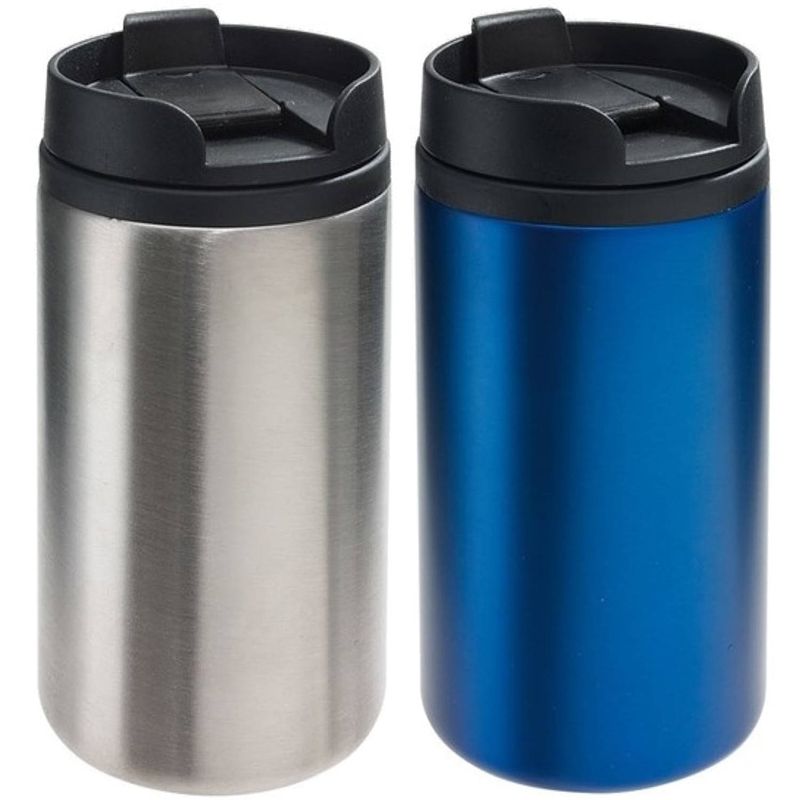 Foto van Set van 2x thermosbekers/warmhoudbekers zilver en blauw 290 ml - thermosbeker