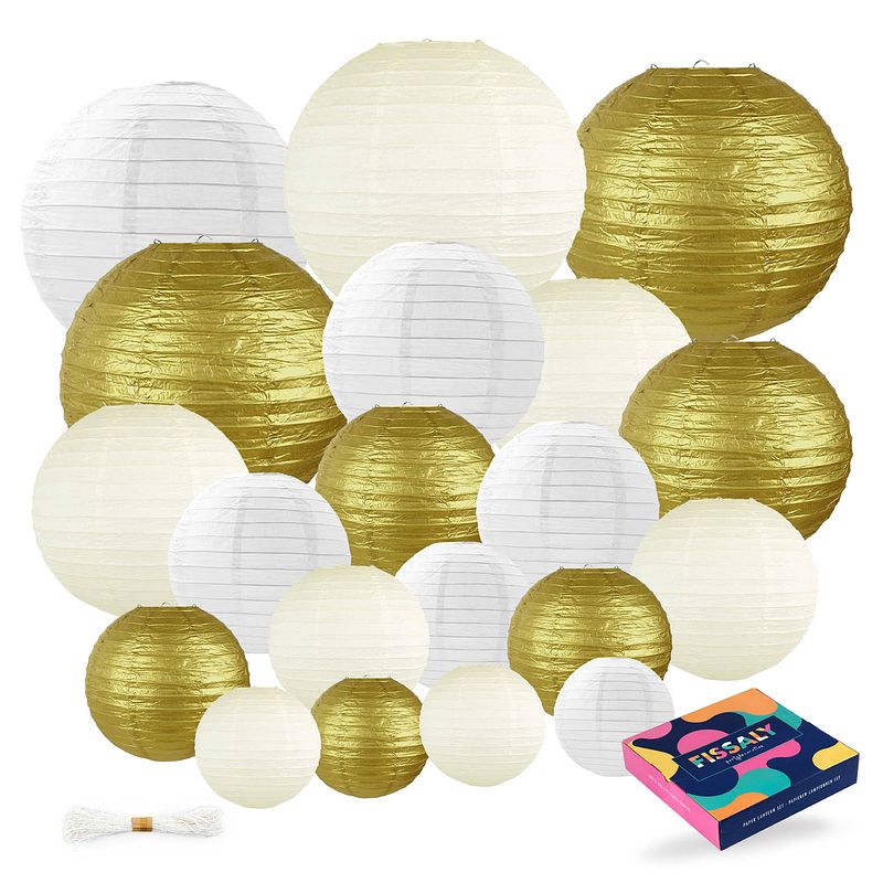 Foto van Fissaly® 20 stuks lampionnen set versiering goud, beige & wit - feest decoratie - bruiloft, trouwen & verjaardag