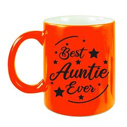 Foto van Best auntie ever cadeau koffiemok / theebeker neon oranje 330 ml - feest mokken