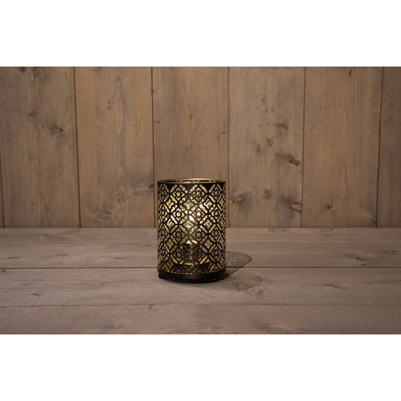 Foto van Anna'ss collection - lantaarn bloem zwart/goud lamp met koperdraad 16cm / 3aaa 6h/18h timer