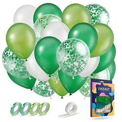 Foto van Fissaly® 40 stuks groen, wit & donkergroen helium ballonnen met lint - versiering decoratie - papieren confetti - latex