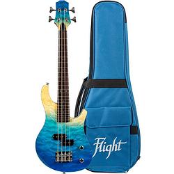 Foto van Flight rock series mini bass ukulele transparent blue solid body elektrische bas-ukelele met deluxe gigbag