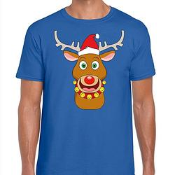 Foto van Foute kerst t-shirt rendier rudolf rode kerstmuts blauw heren 2xl