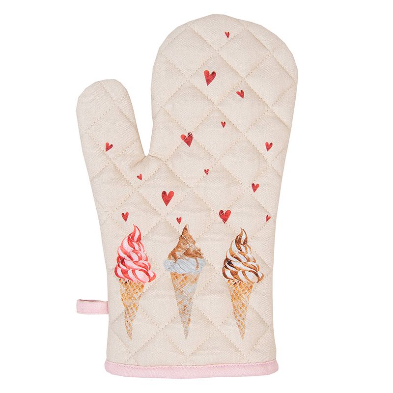 Foto van Clayre & eef ovenwant 18x30 cm beige roze katoen ijsjes ovenhandschoen beige ovenhandschoen