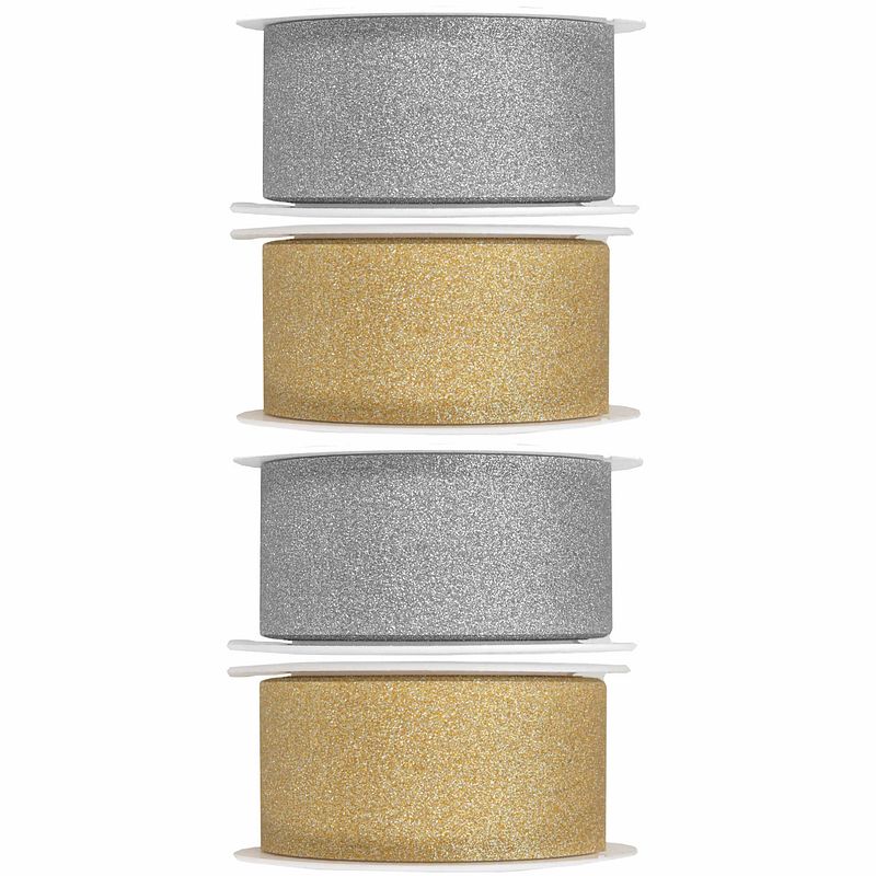 Foto van 4x hobby/decoratie zilver en gouden sierlinten met glitters 3 cm/30 mm x 5 meter - cadeaulinten