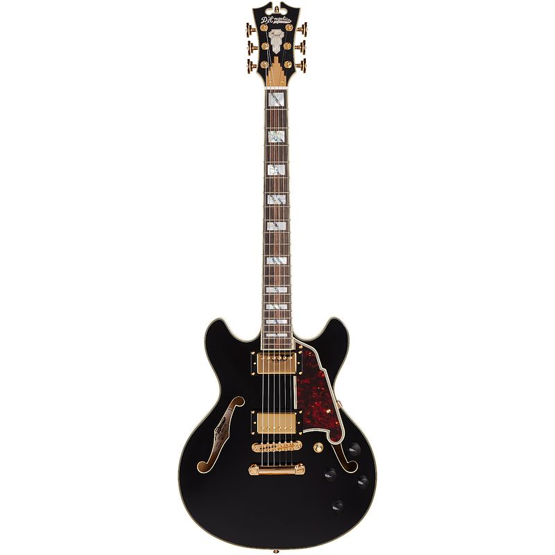 Foto van D'sangelico excel mini dc black semi-akoestische gitaar met koffer