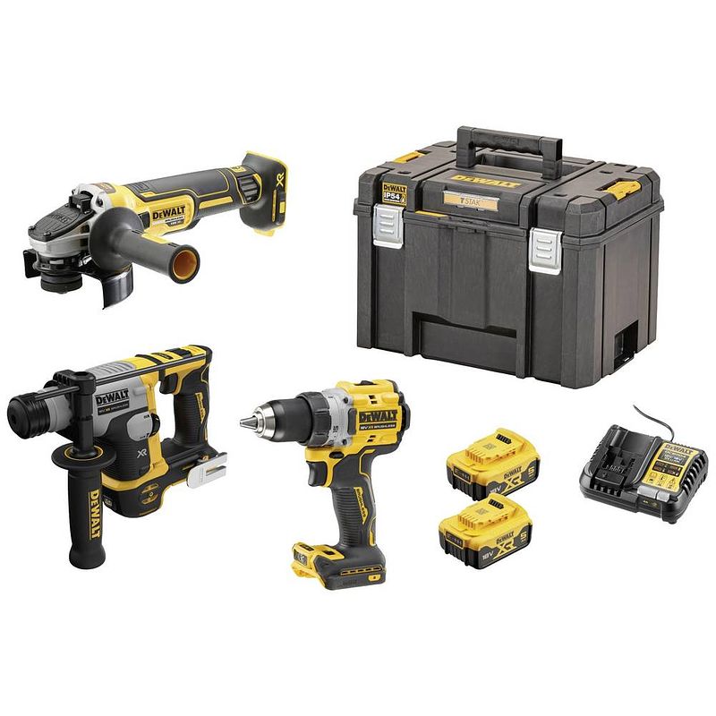 Foto van Dewalt dck355p2t-qw accu-schroefboormachine, accu-boorhamer, haakse accuslijper 18 v 5 ah li-ion incl. accu, incl. 2 accus, incl. lader