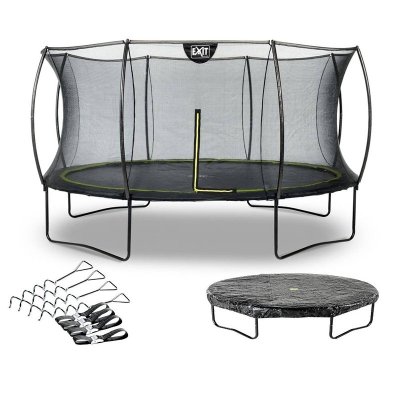 Foto van Exit - trampoline met veiligheidsnet, verankeringsset en afdekhoes - op poten - silhouette - rond - ø427cm - zwart