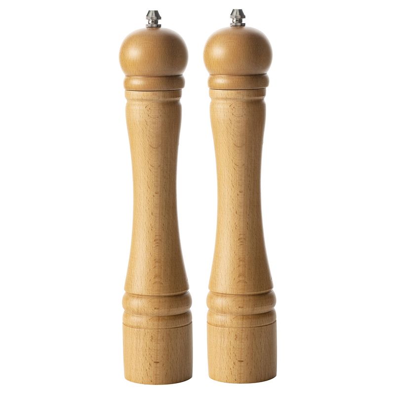 Foto van Set van 2x stuks pepermolens/zoutmolens hout beige 30 cm - peper en zoutstel