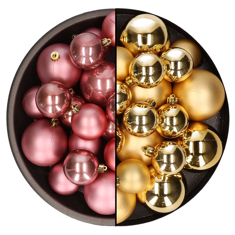 Foto van Kerstversiering kunststof kerstballen mix oud roze/goud 4-6-8 cm pakket van 68x stuks - kerstbal