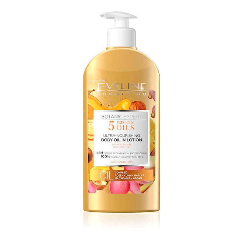 Foto van Eveline cosmetics botanic expert 5 precious oils ultra nourishing body oil in lotion 350ml.