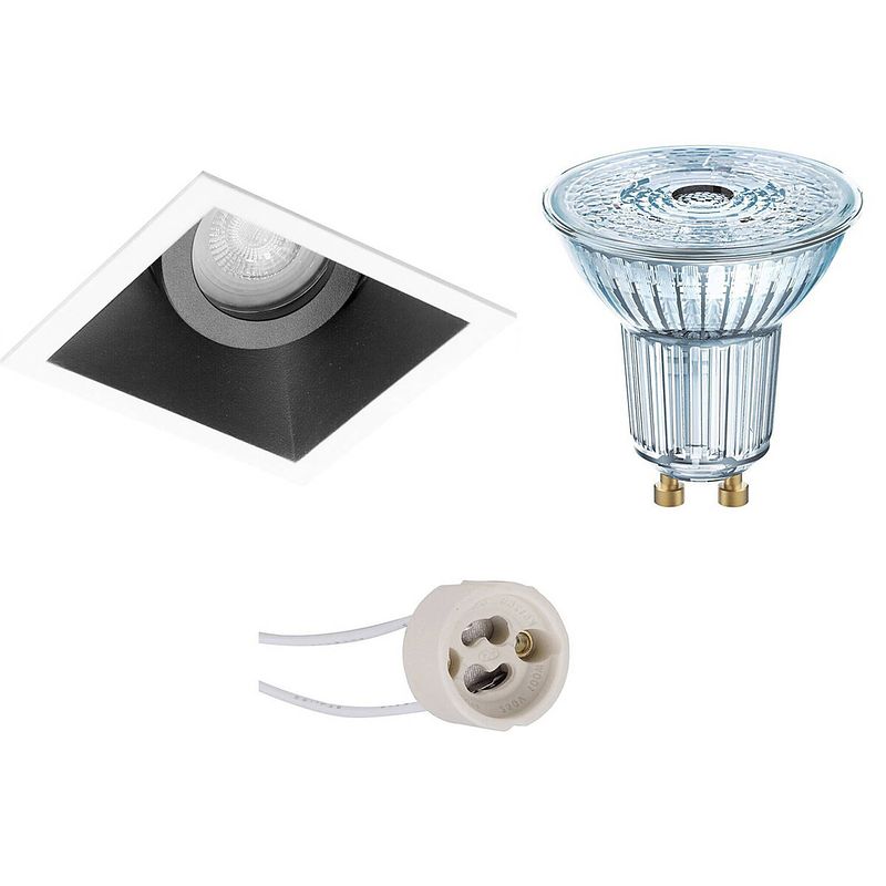 Foto van Led spot set - osram parathom par16 930 36d - pragmi zano pro - gu10 fitting - dimbaar - inbouw vierkant - mat zwart/wit