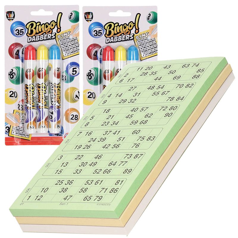 Foto van 200x bingokaarten nummers 1-90 inclusief 6x bingostiften - actiespellen