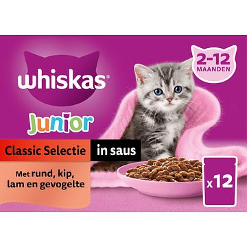 Foto van Whiskas junior natvoer classic selectie in saus maaltijdzakjes 12 x 85g bij jumbo