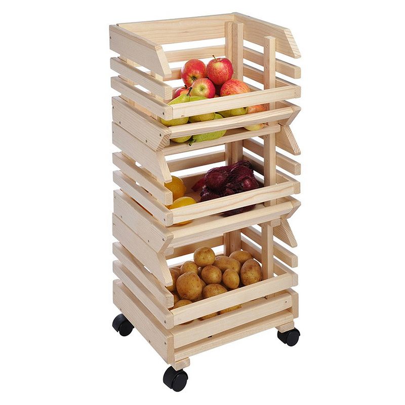 Foto van Houten fruitkisten op karretje / fruitmanden 80 cm - opberg trolley