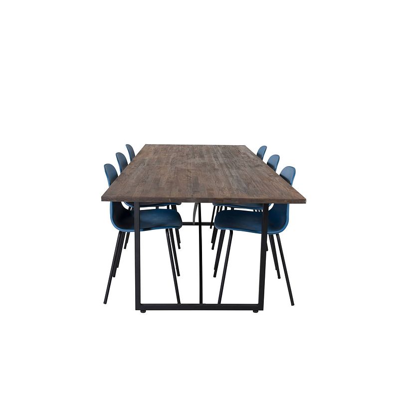 Foto van Padang eethoek eetkamertafel teakhout en 6 arctic eetkamerstal blauw, zwart.