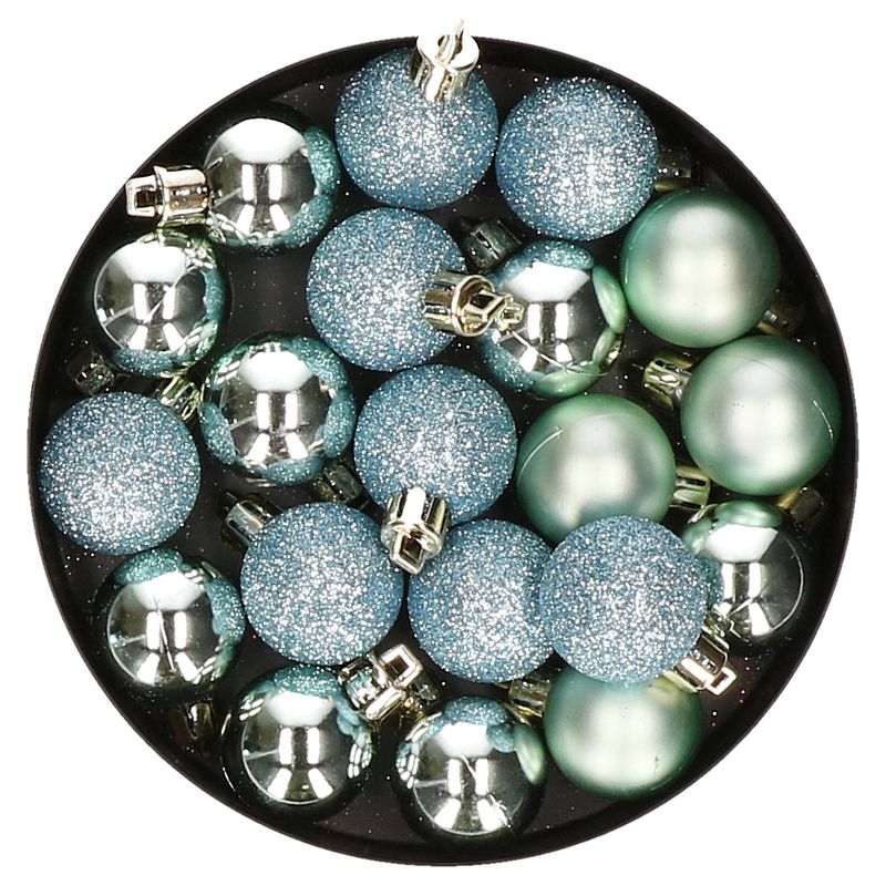 Foto van 20x stuks kleine kunststof kerstballen mint groen 3 cm mat/glans/glitter - kerstbal