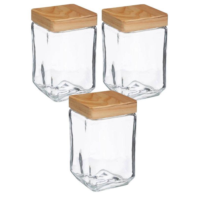 Foto van 3x stuks voorraadbussen/voorraadpotten 1,7l glas met houten deksel - voorraadpot