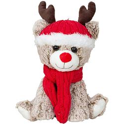 Foto van Pluche rendier knuffel - 25 cm - met rode muts en sjaal - knuffeldier - knuffelpop