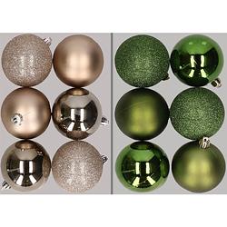 Foto van 12x stuks kunststof kerstballen mix van champagne en appelgroen 8 cm - kerstbal