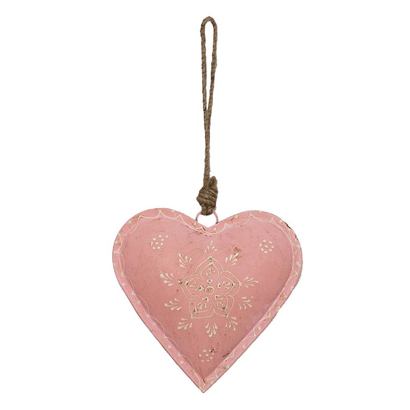 Foto van Clayre & eef decoratie hanger hart 14*4*14 cm roze ijzer bloem woondecoratie roze woondecoratie