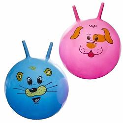 Foto van 2x stuks speelgoed skippyballen met dieren gezicht roze en blauw 46 cm - skippyballen