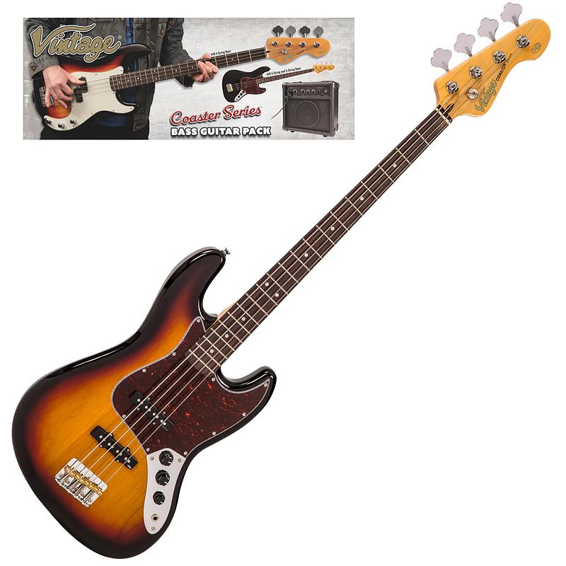 Foto van Vintage vip-v49sb coaster series 3-tone sunburst bass pack elektrische basgitaar set met versterker